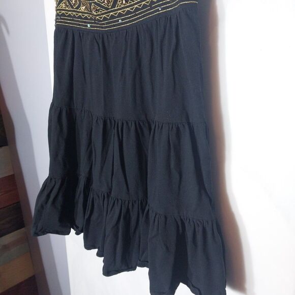 Energie Y2K Mini Tiered Skirt M Black Embroidered Beaded Sequin Boho Chic Whimsy - Picture 2 of 9